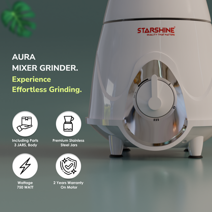 Starshine Aura 750W Mixer Grinder, 3 Jars (White)