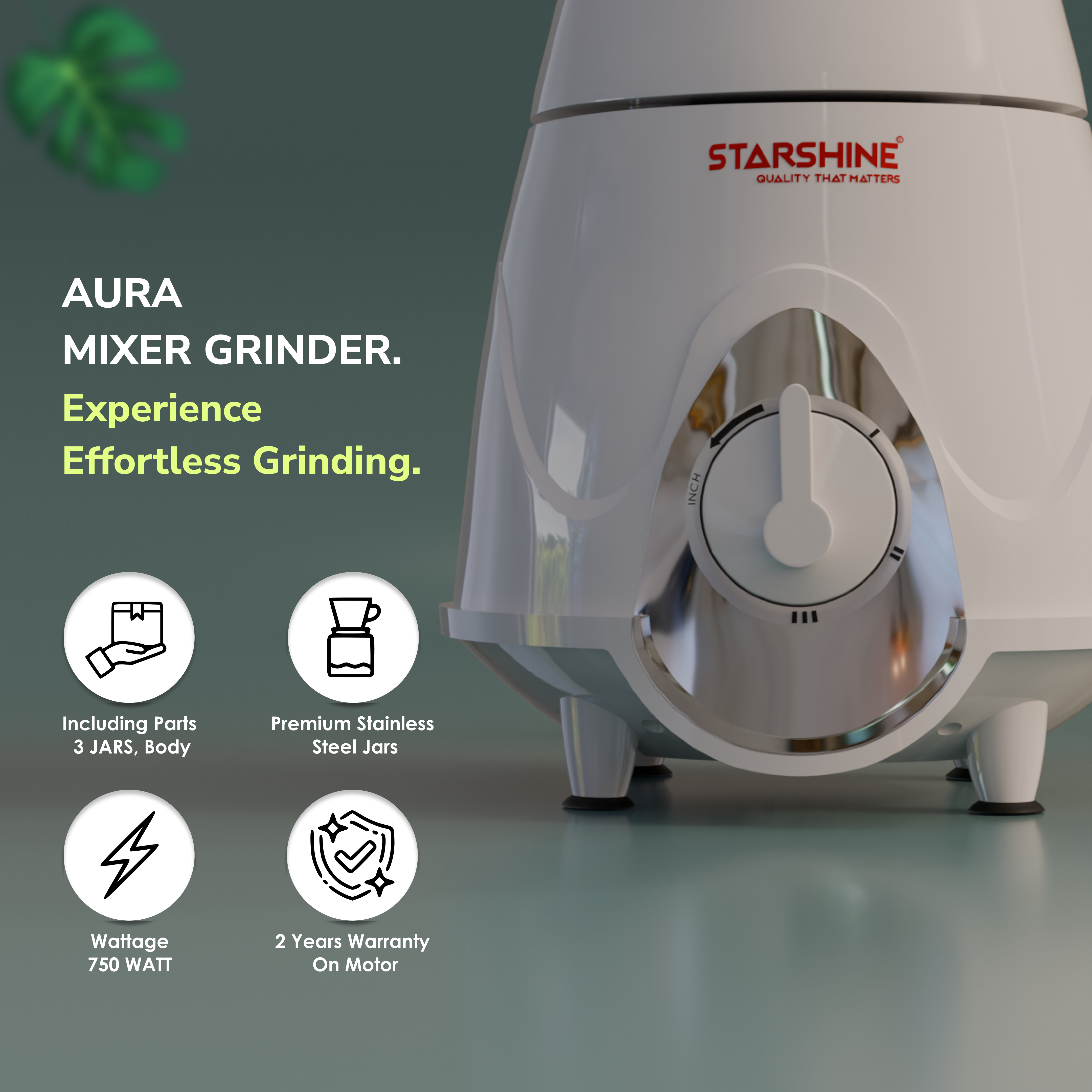 Starshine Aura 750W Mixer Grinder, 3 Jars (White)