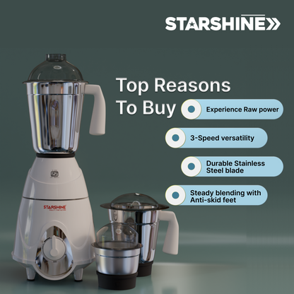 Starshine Aura 750W Mixer Grinder, 3 Jars (White)