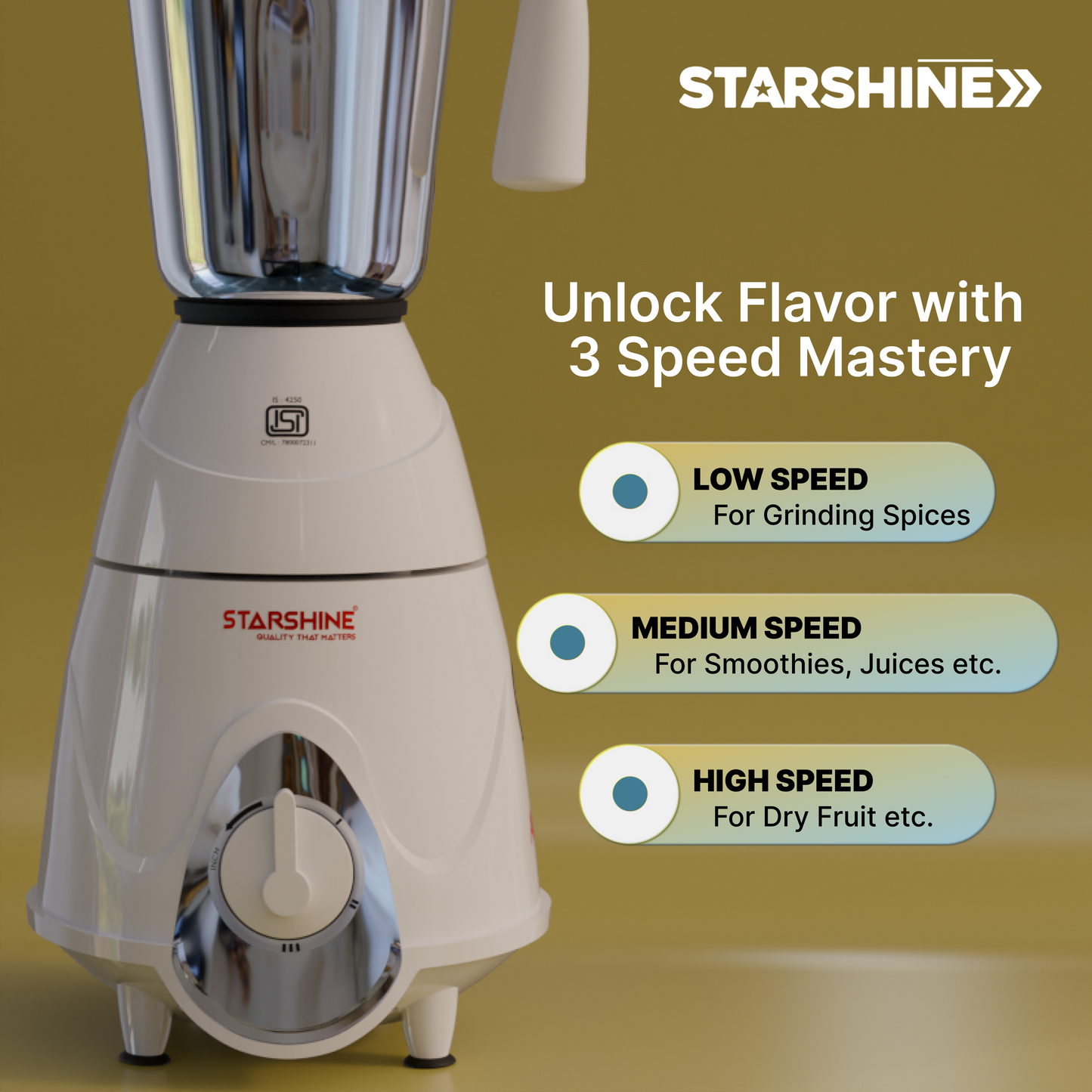 Starshine Aura 750W Mixer Grinder, 3 Jars (White)