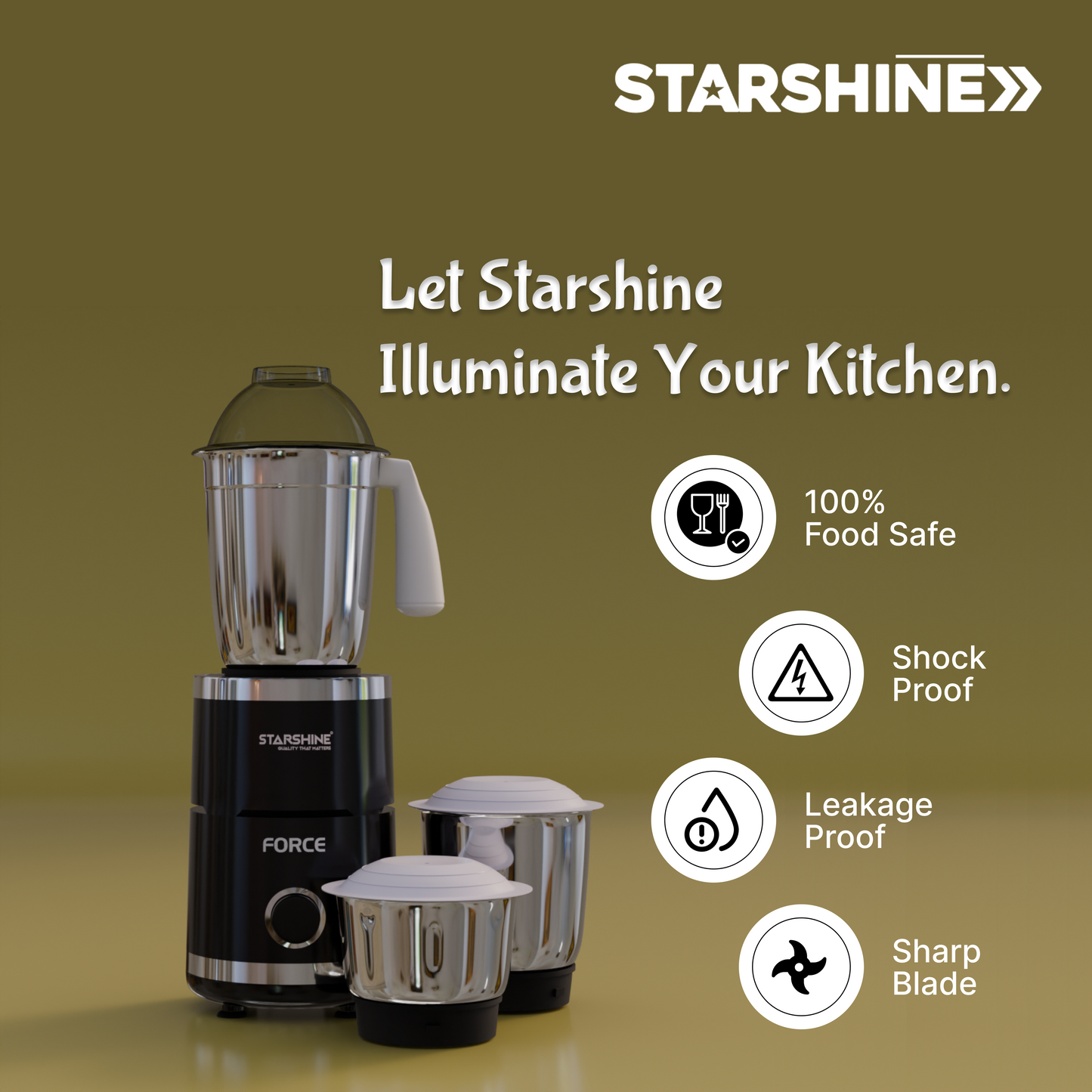 Starshine Force 550W Mixer Grinder, 3 Jars (Black)