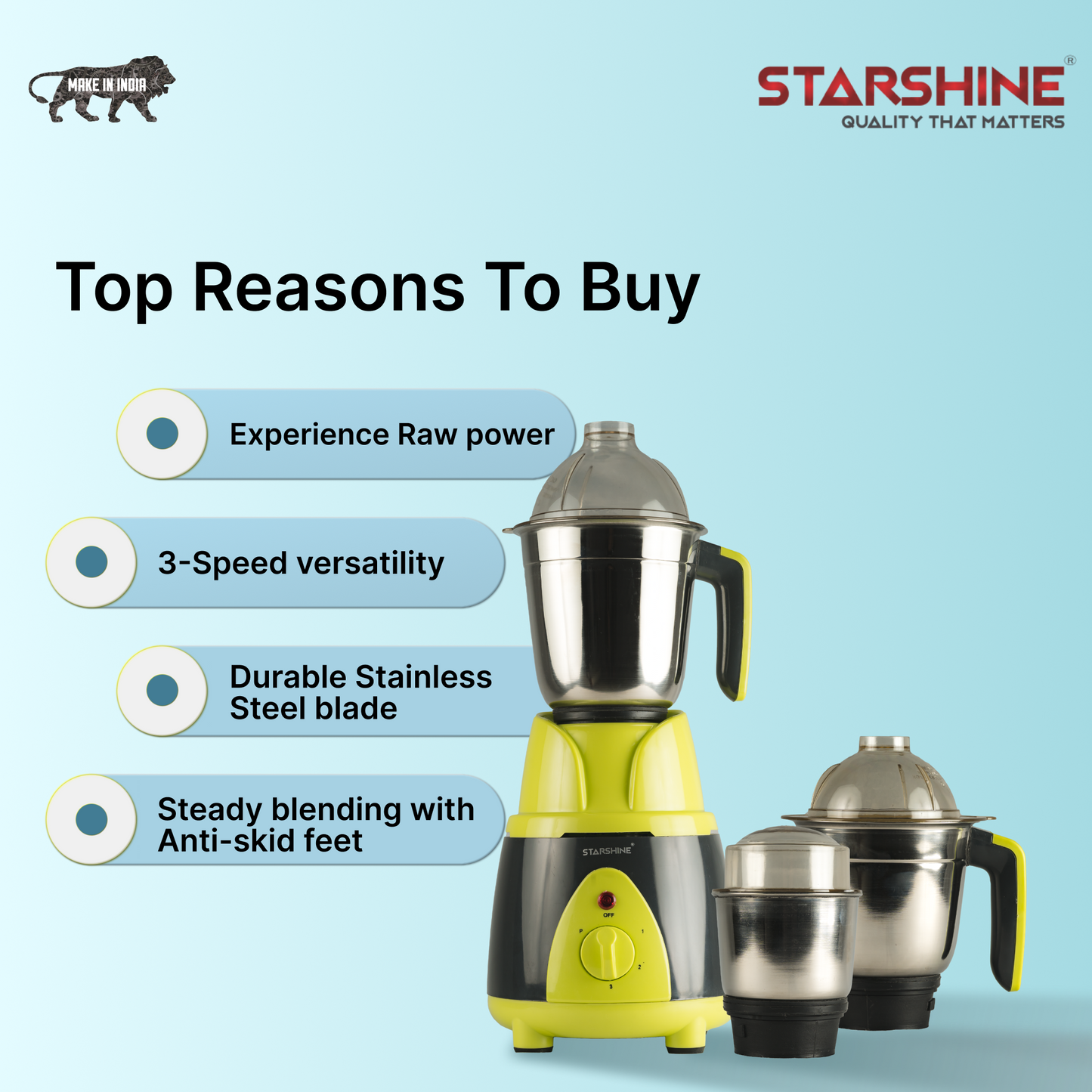 Starshine Turbo 650W Mixer Grinder, 3 Jars (Green)