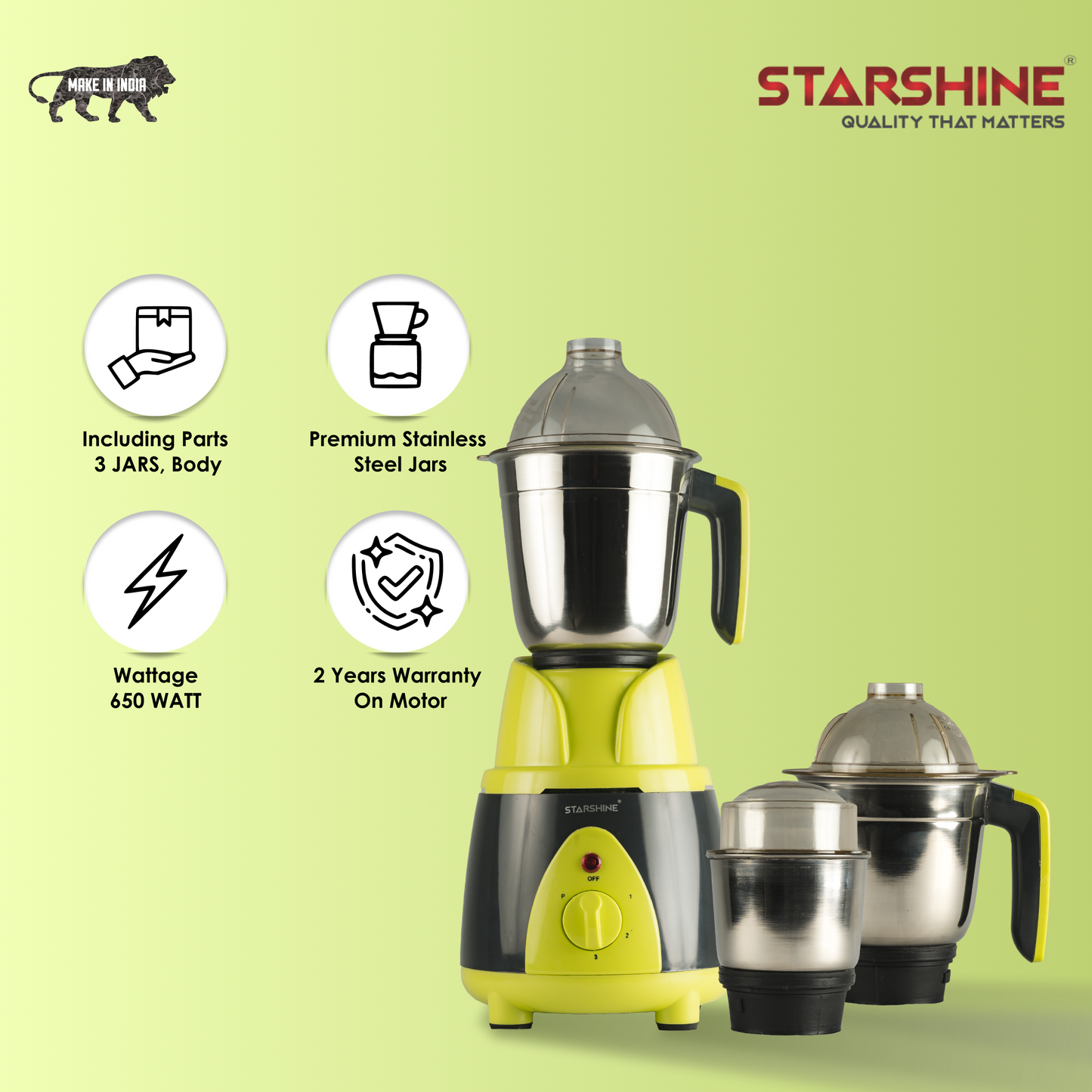 Starshine Turbo 650W Mixer Grinder, 3 Jars (Green)