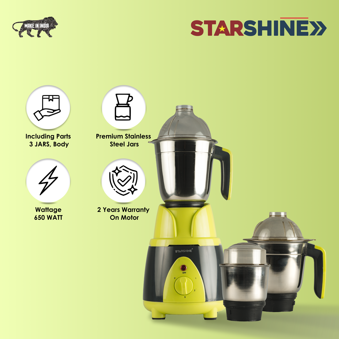 Starshine Turbo 650W Mixer Grinder, 3 Jars (Green)