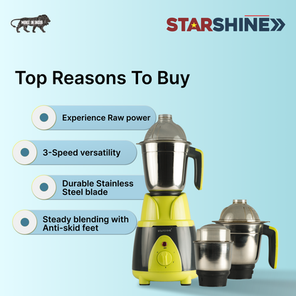 Starshine Turbo 650W Mixer Grinder, 3 Jars (Green)