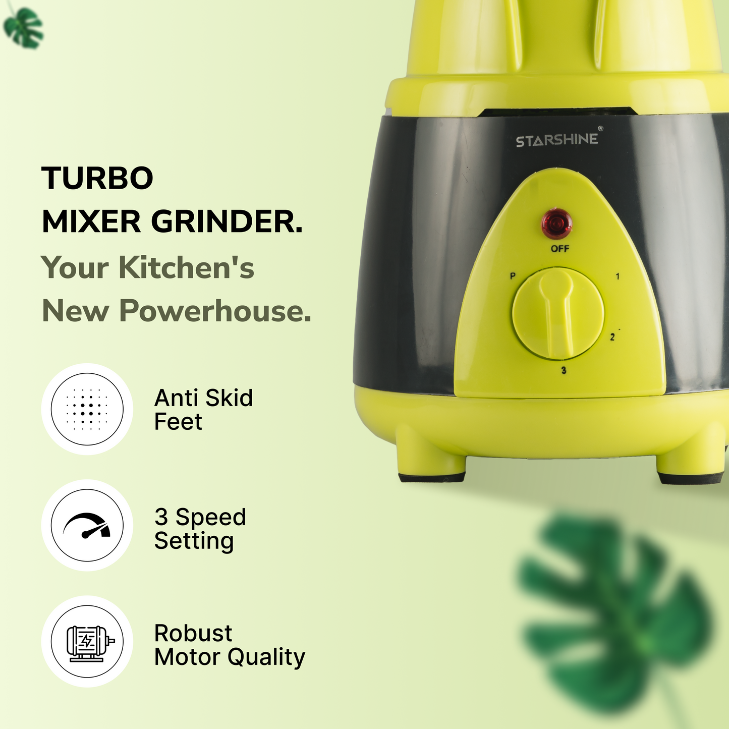 Starshine Turbo 650W Mixer Grinder, 3 Jars (Green)