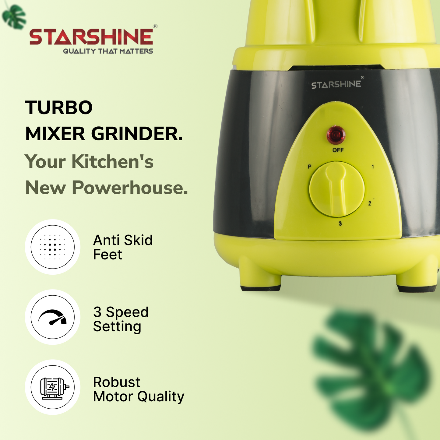 Starshine Turbo 650W Mixer Grinder, 3 Jars (Green)