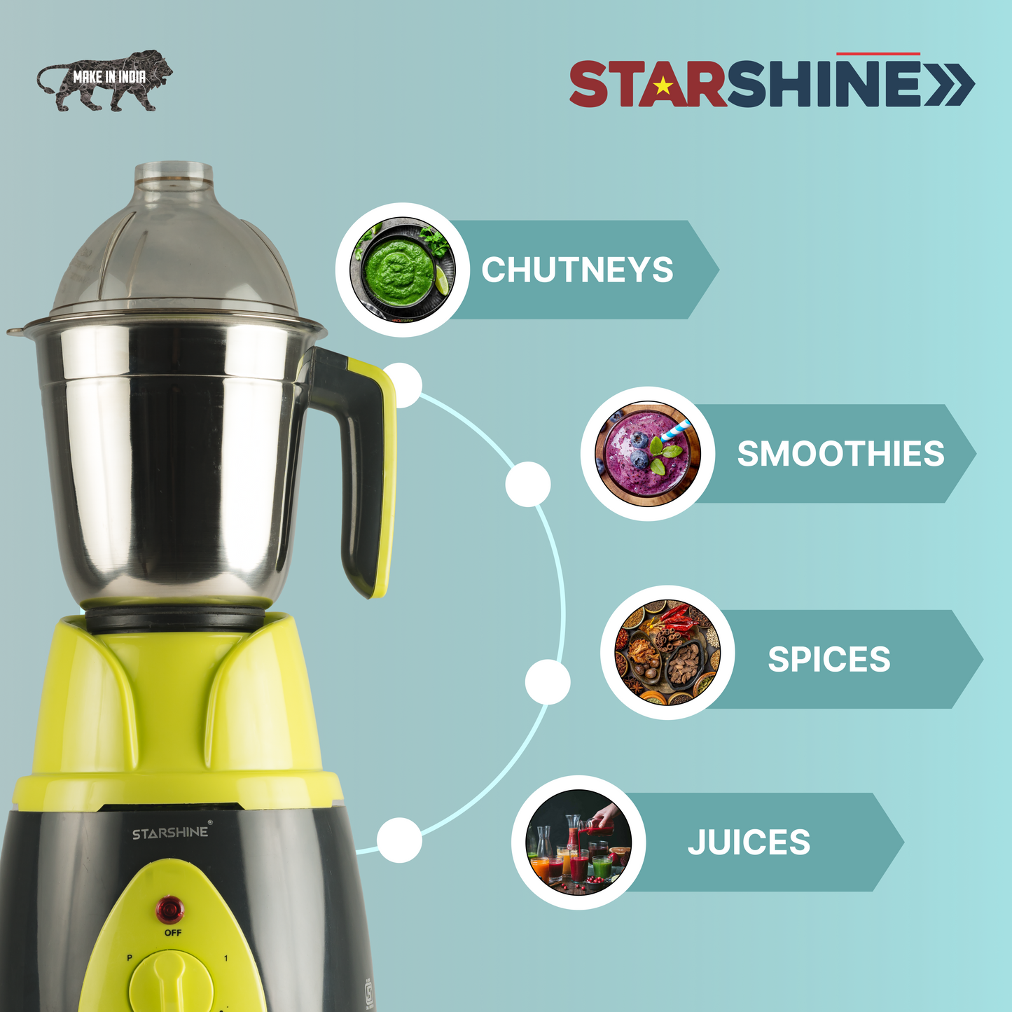 Starshine Turbo 650W Mixer Grinder, 3 Jars (Green)