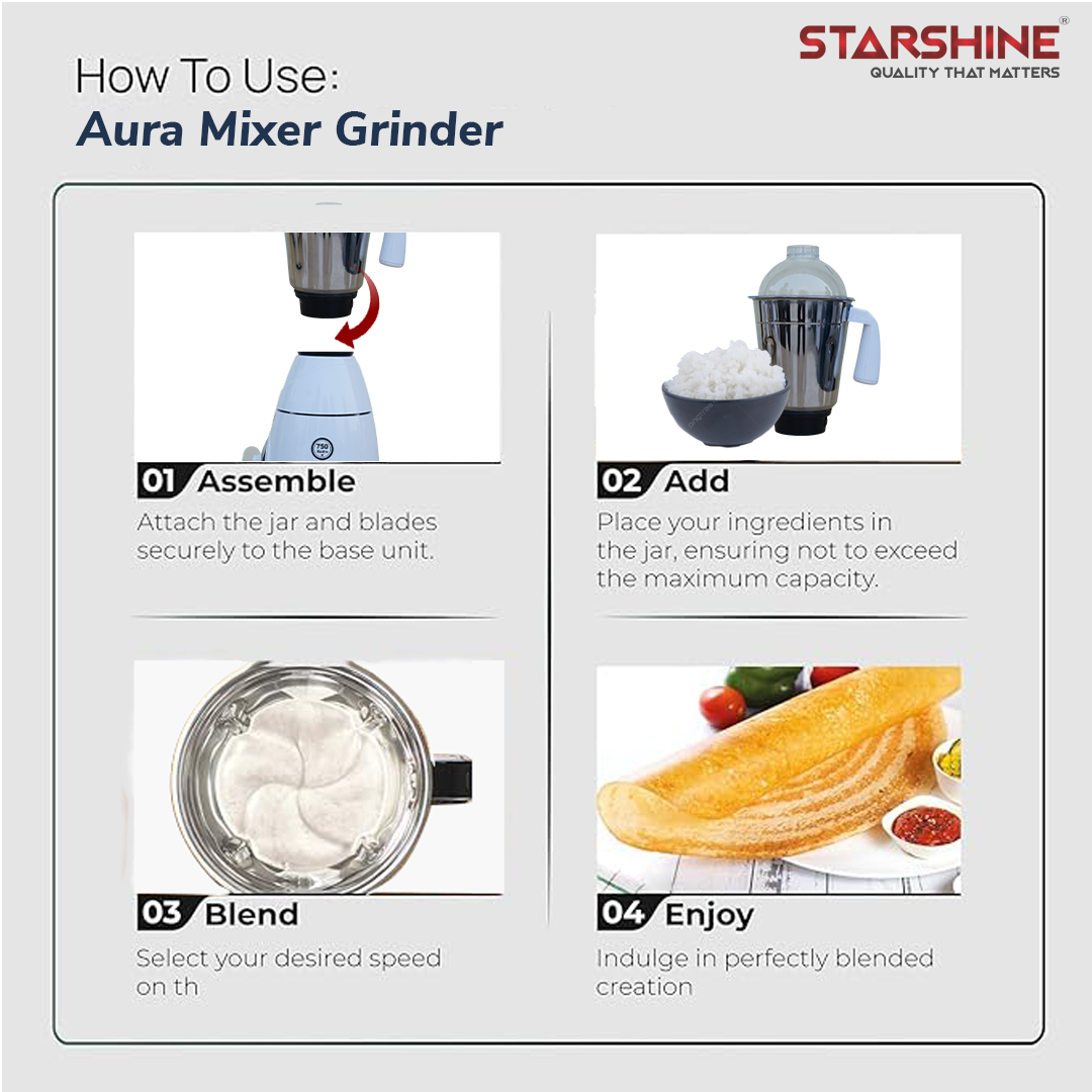 Starshine Aura 750W Mixer Grinder, 3 Jars (White)