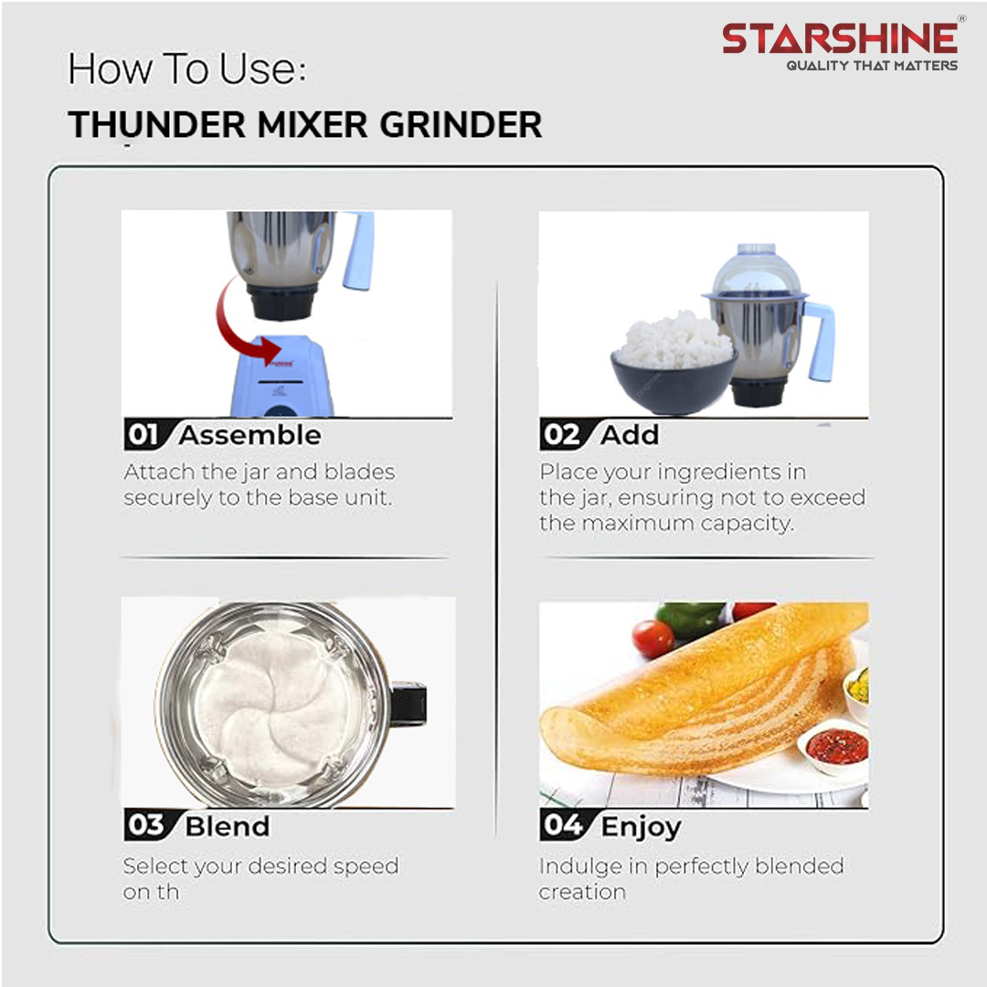 Starshine Thunder 1150W Mixer Grinder, 3 Jars (White)